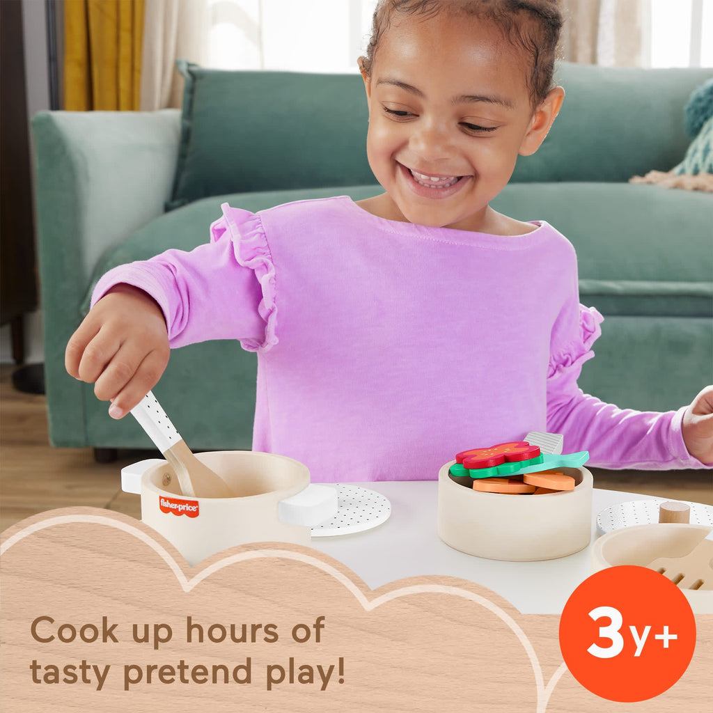 Fisher-Price Wooden Pots & Pans Set For Preschool Kitchen Pretend Play, 19 Wood Pieces