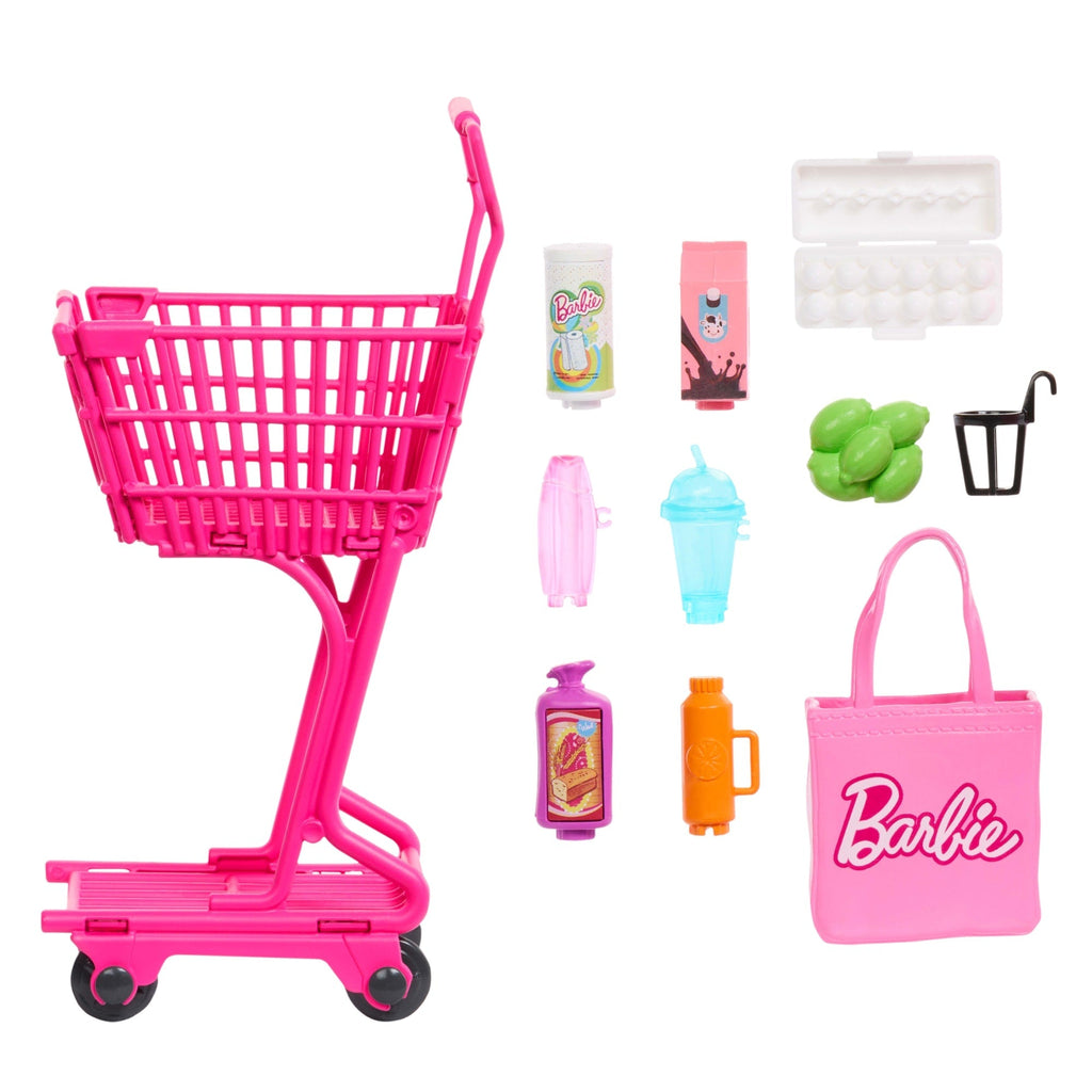 Barbie World Grocery Shopping Toy Set With 11 Doll Accessories including Cart, Food, Bag, & More