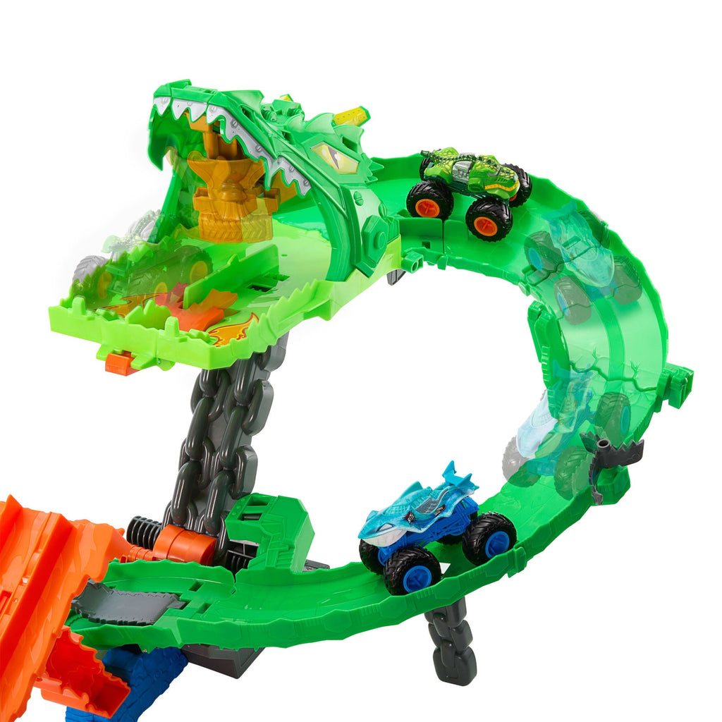 Hot Wheels Monster Trucks Pista de Juguete Tiburones vs. Dinosaurios Destrucción del Dragón