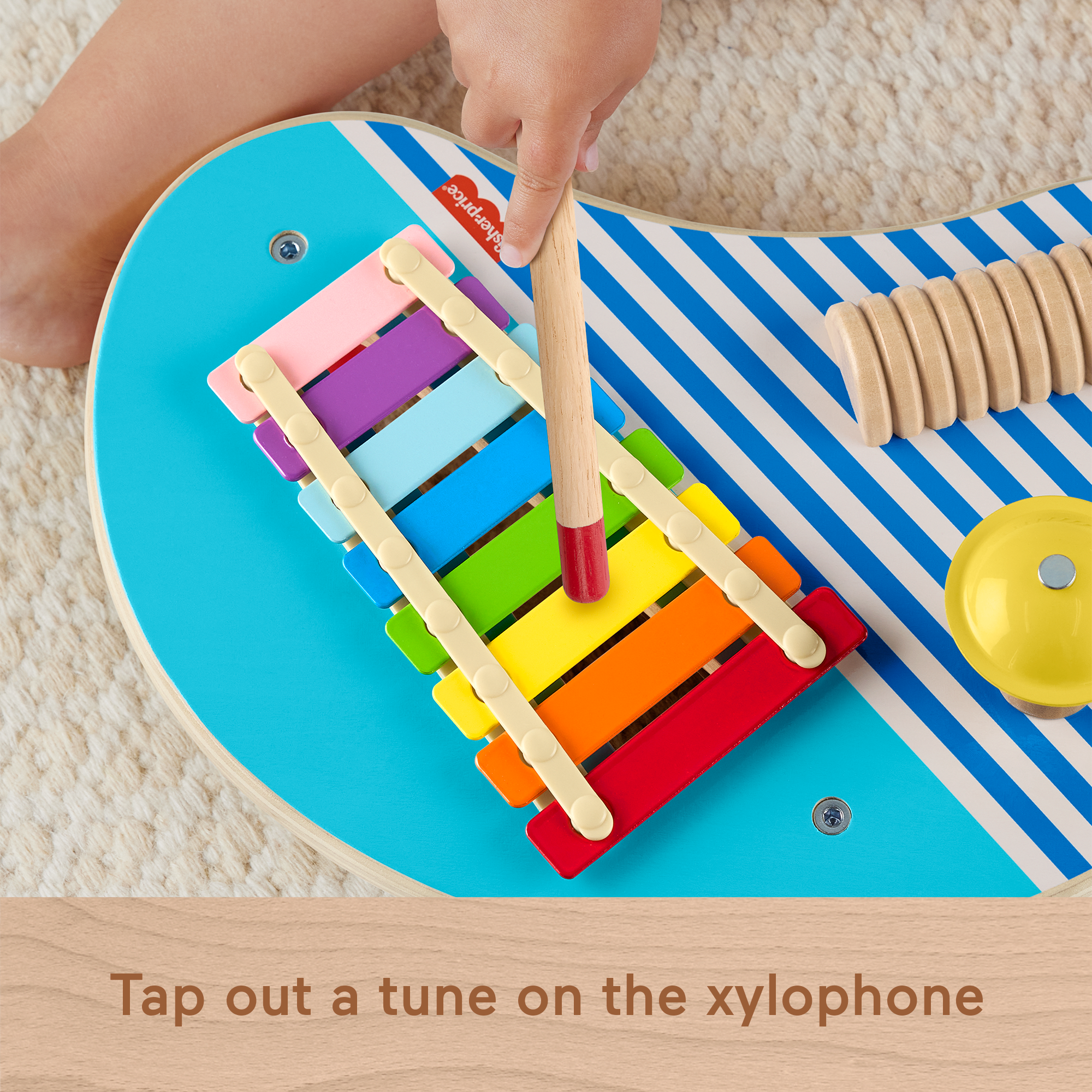 Fisher-Price Wooden Musical Table With Percussion Instrument Toys, 3 Wood Pieces