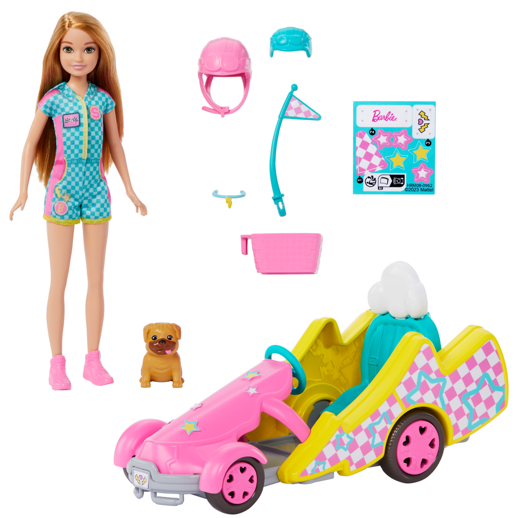 Barbie-Poupée Stacie Karting, Avec Kart, Chien et Accessoires